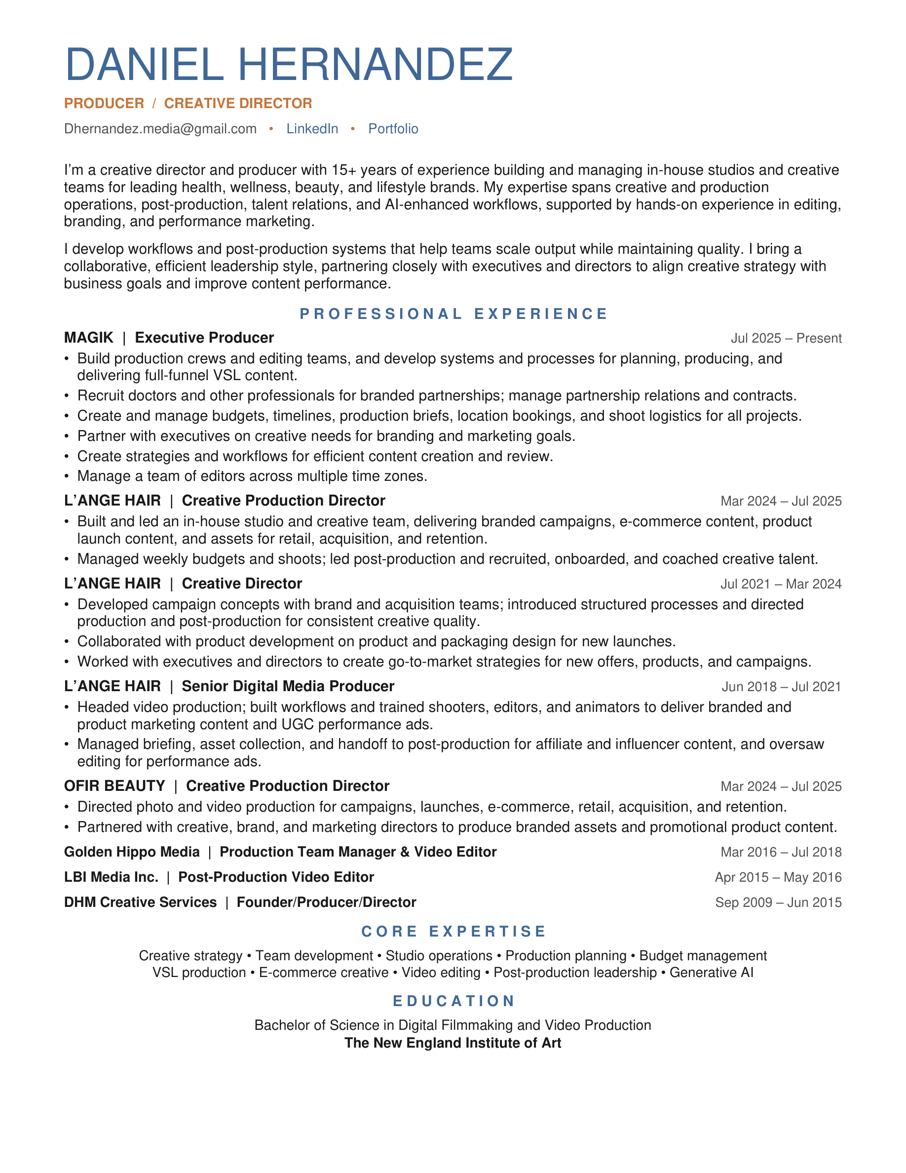 Daniel Hernandez résumé, page 1 of 1 — profile, professional experience, core expertise, and education. Open the PDF for selectable text.